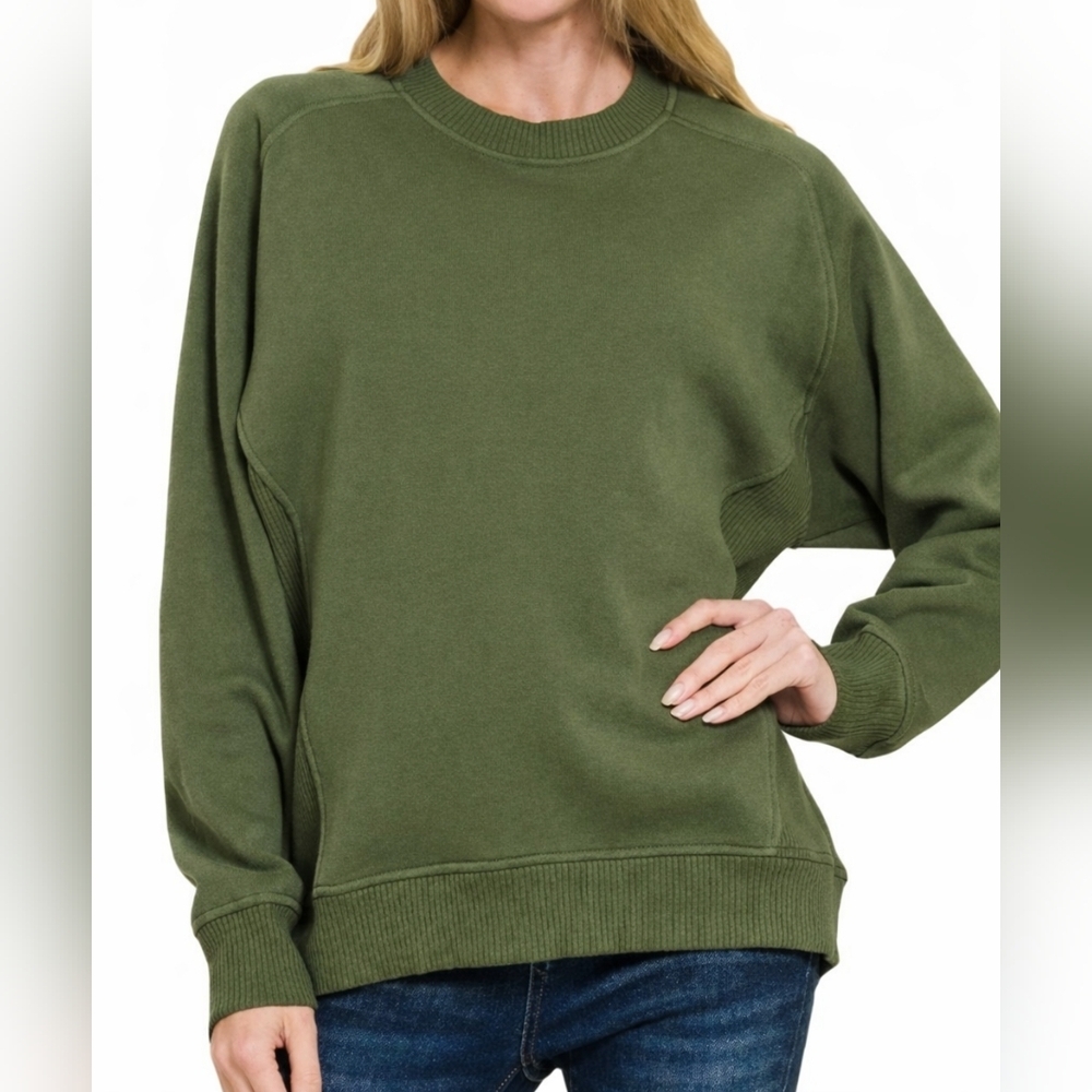 ZENANA Olive Green Ribbed Crewneck Sweatshirt 1X - New Without Tags - Picture 8 of 9